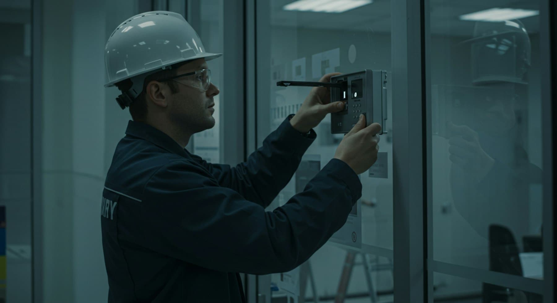 Bir binada duvar panelini kontrol eden baretli tesis çalışanı